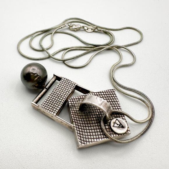 Ammolite Pendant Sterling Silver Necklace | Black Tourmaline? Black Pearl Signed - Picture 9 of 13